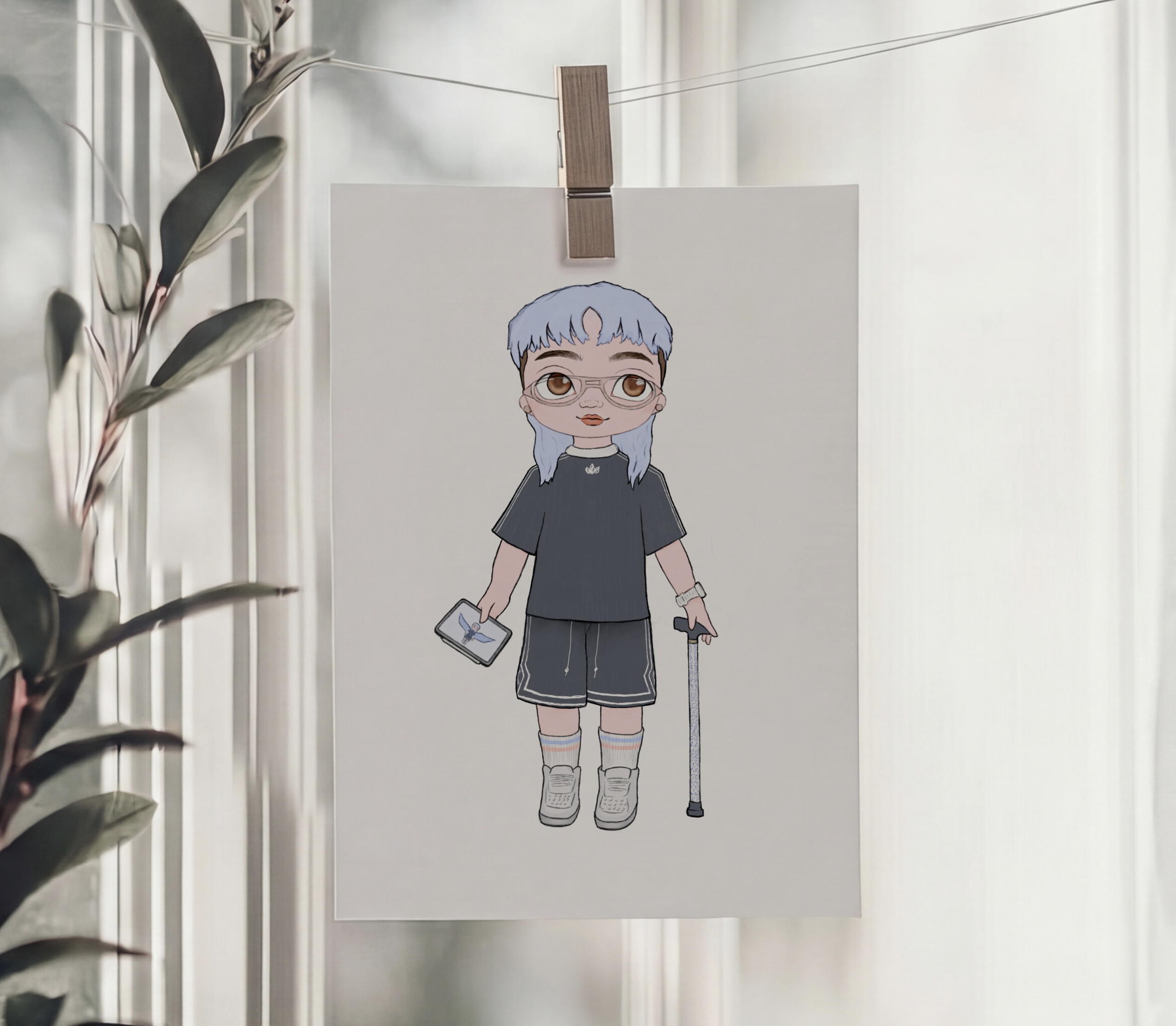 A colourful DR Minis illustration hanging from a clothesline